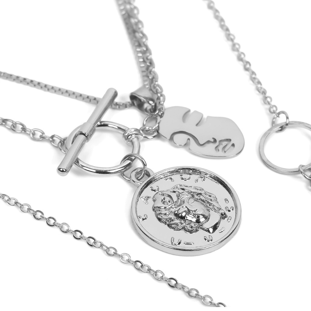 Silver Coin Layered Pendant Necklace Chain Face Head - Picture 4 of 7